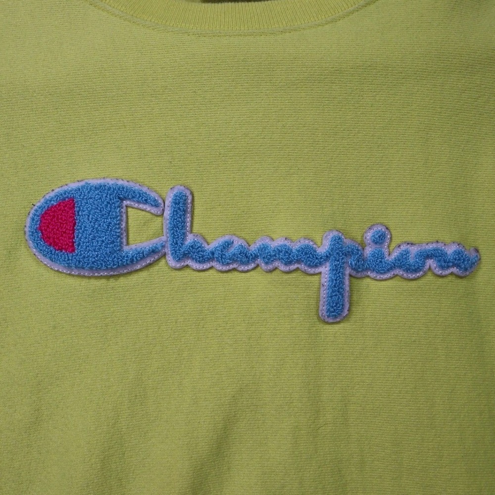 Champion Reverse Weave Sweatshirt Womens Medium Yellow Excellent Chenille Logo - Picture 3 of 7